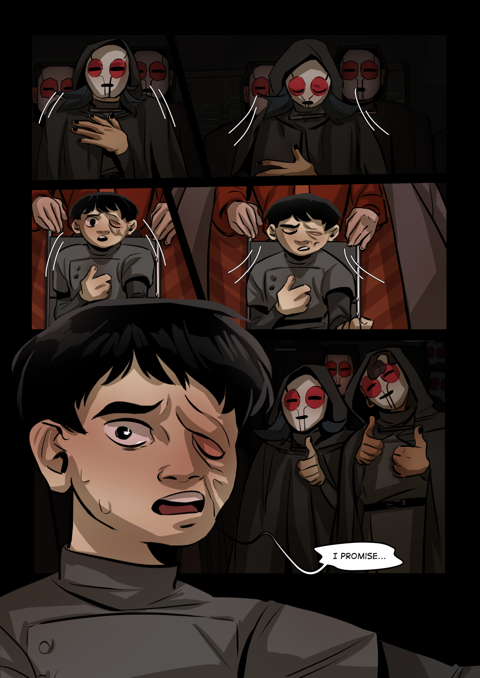 The boy takes a deep breath