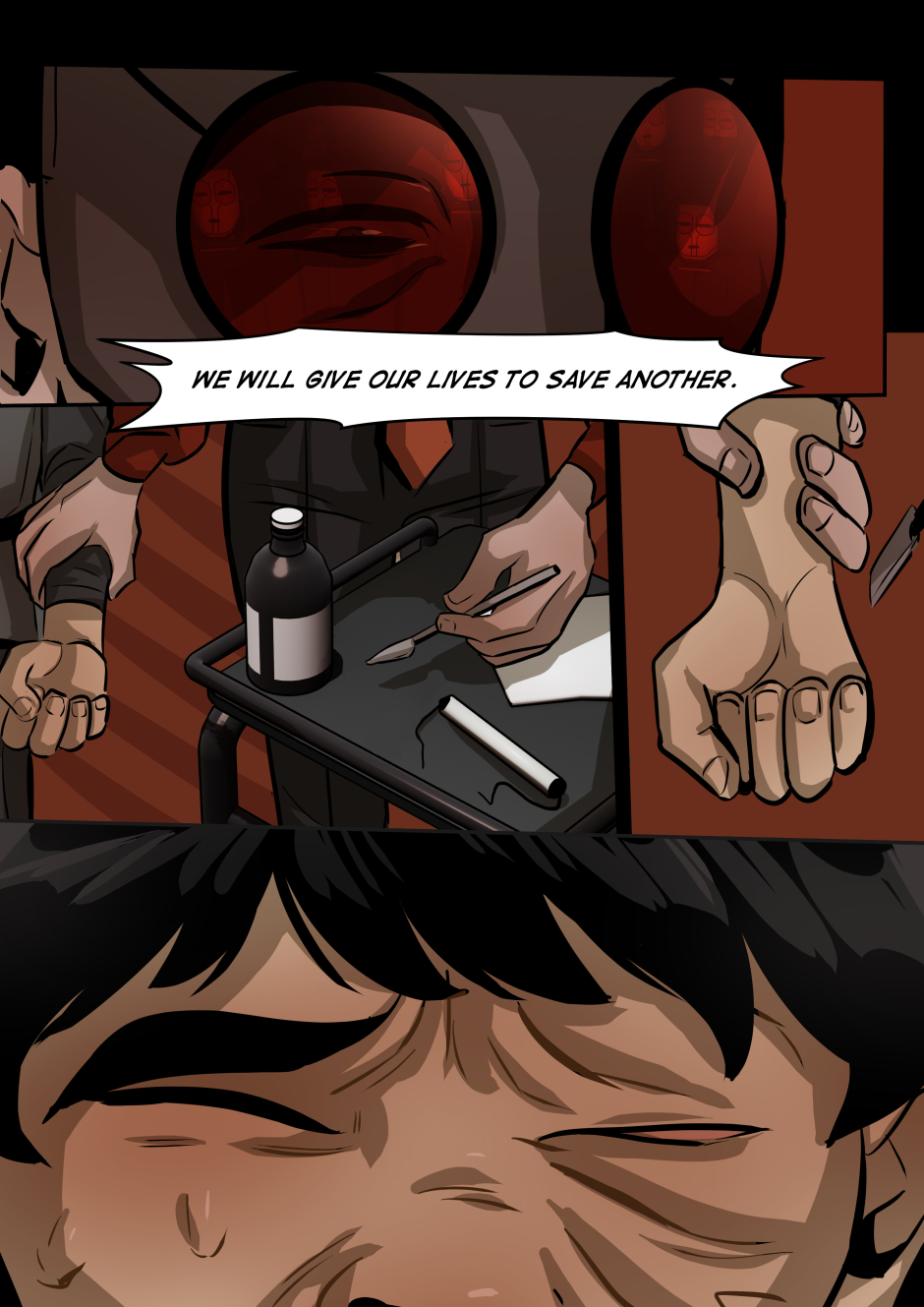 A scalpel is taken to the boy's arm.