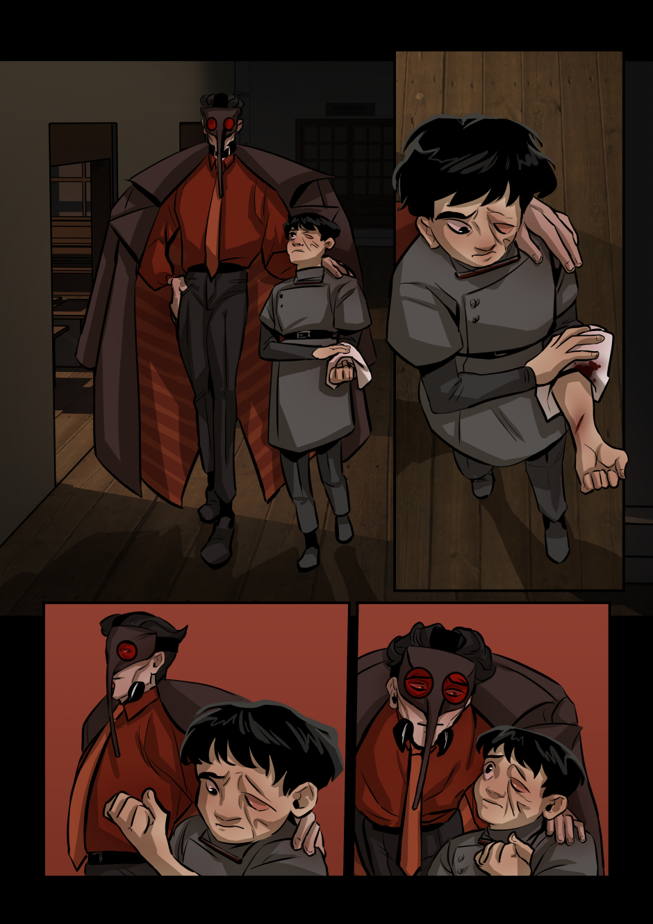 Anopheles and the boy walk through the hallway.