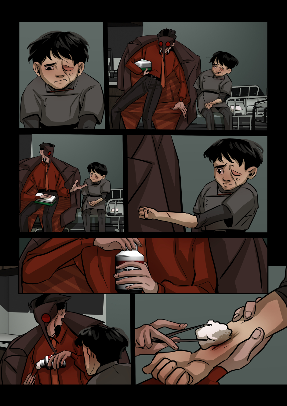 Anopheles heals the boy's bleeding arm.