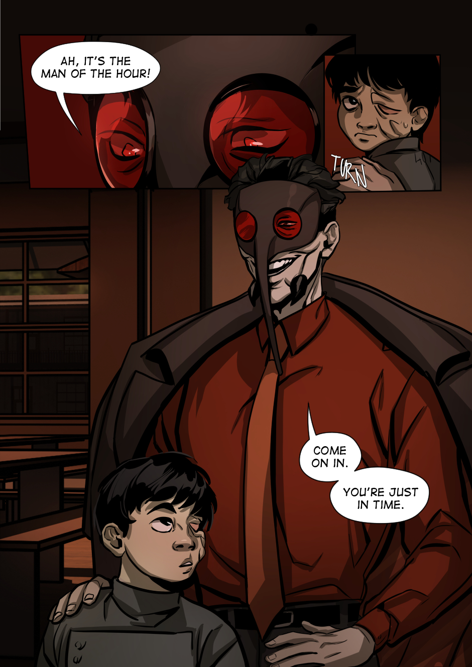 A cult leader invites a young boy to a ceremony room.