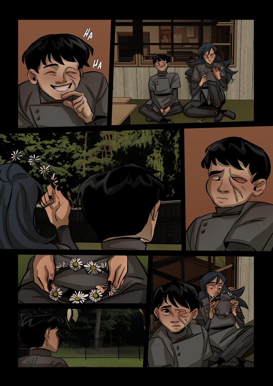 The boy laughs but looks sadly into the distance.
