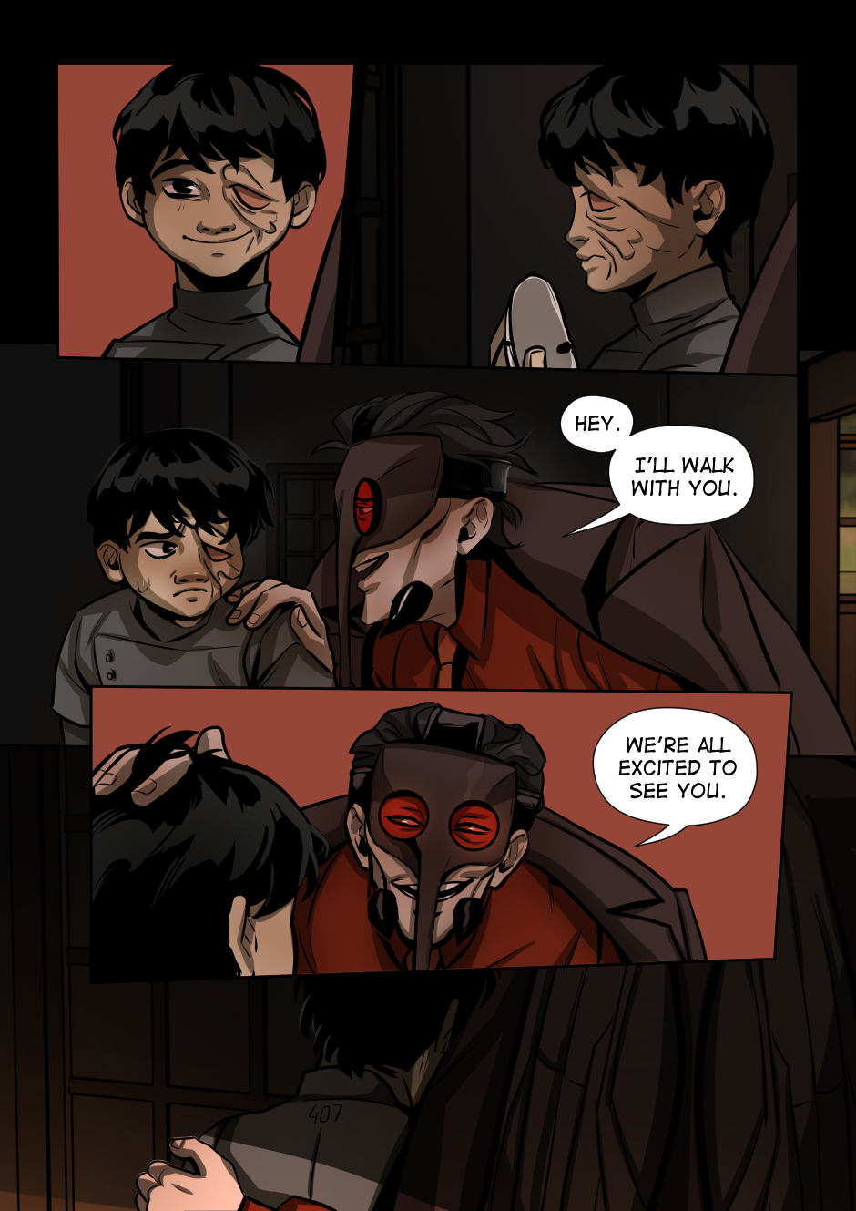 A cult leader comforts a young boy.