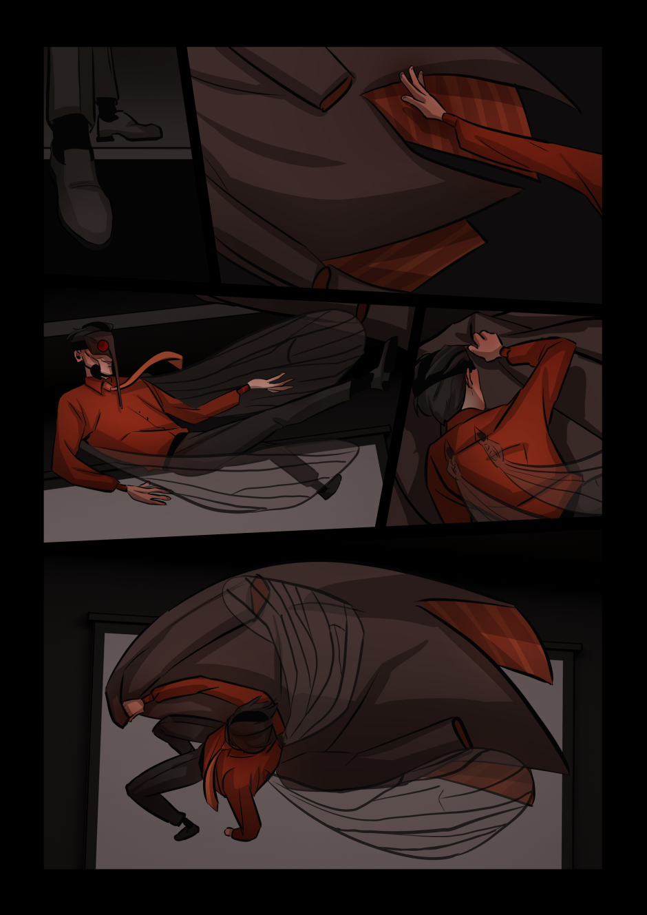 Anopheles jumps off the platform, holds his jacket and spins as he falls.