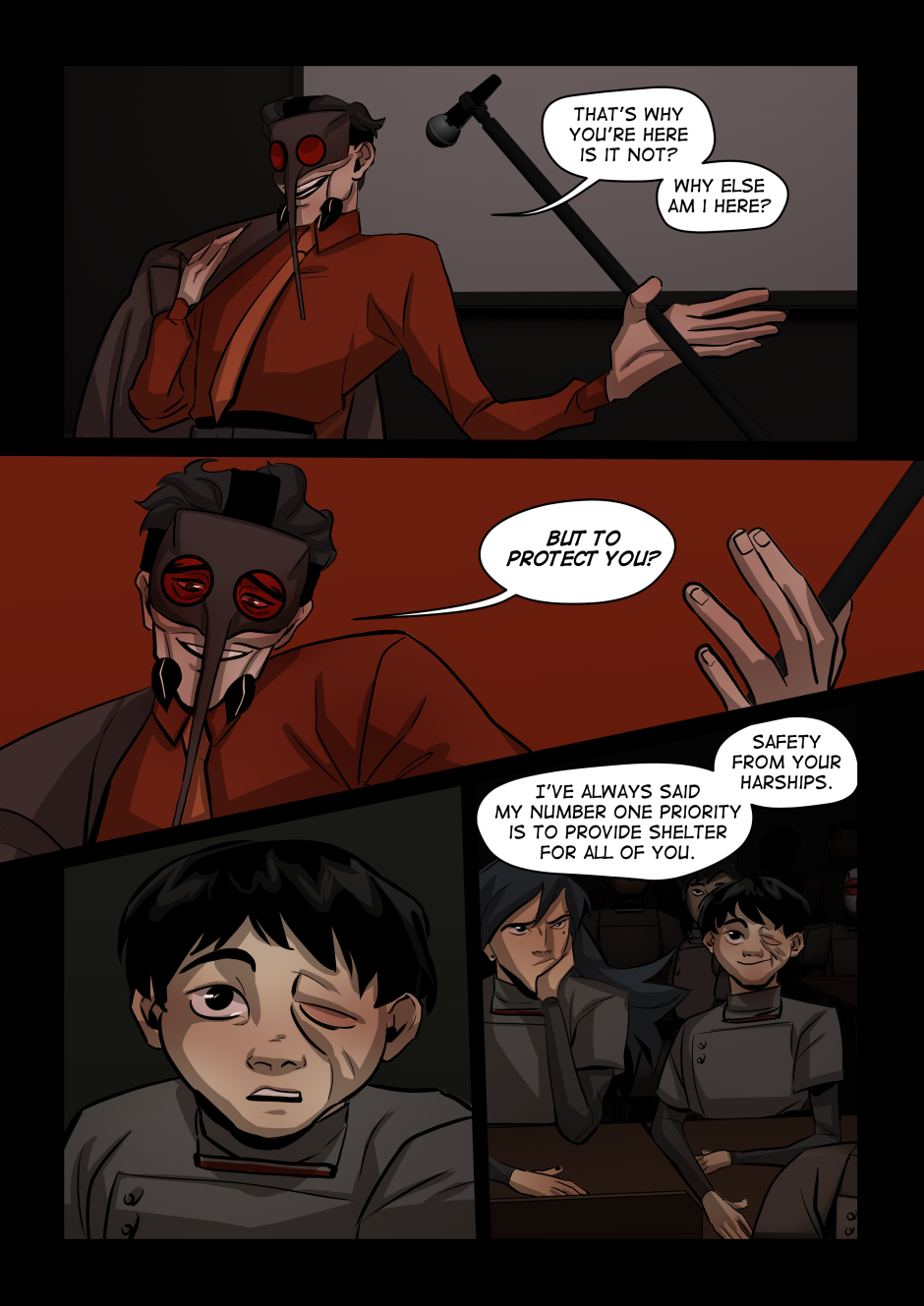 Anopheles says he's here to protect everyone, which the boy seems moved by.