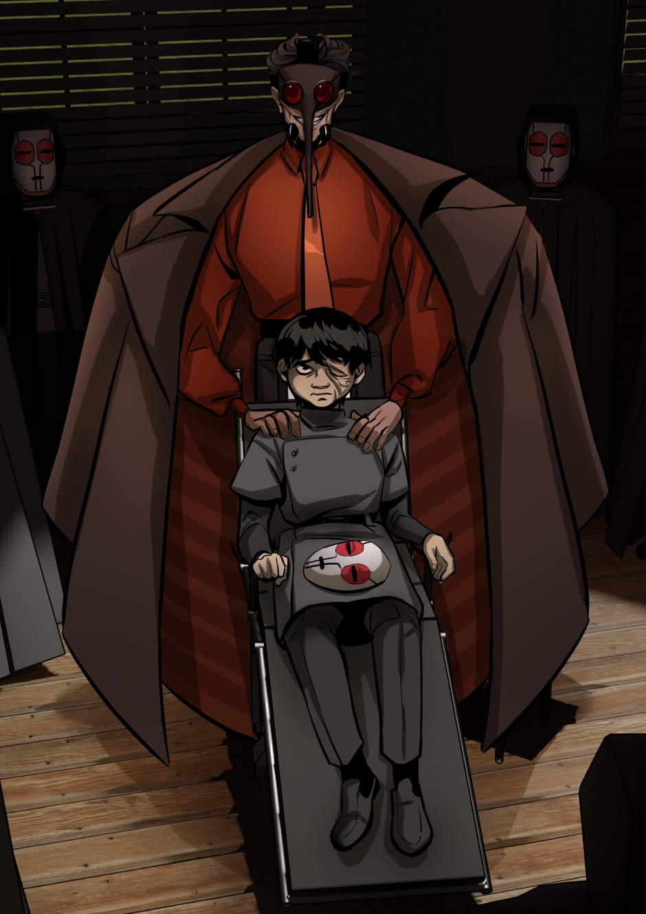 A boy sits in a chair while his leader smiles.