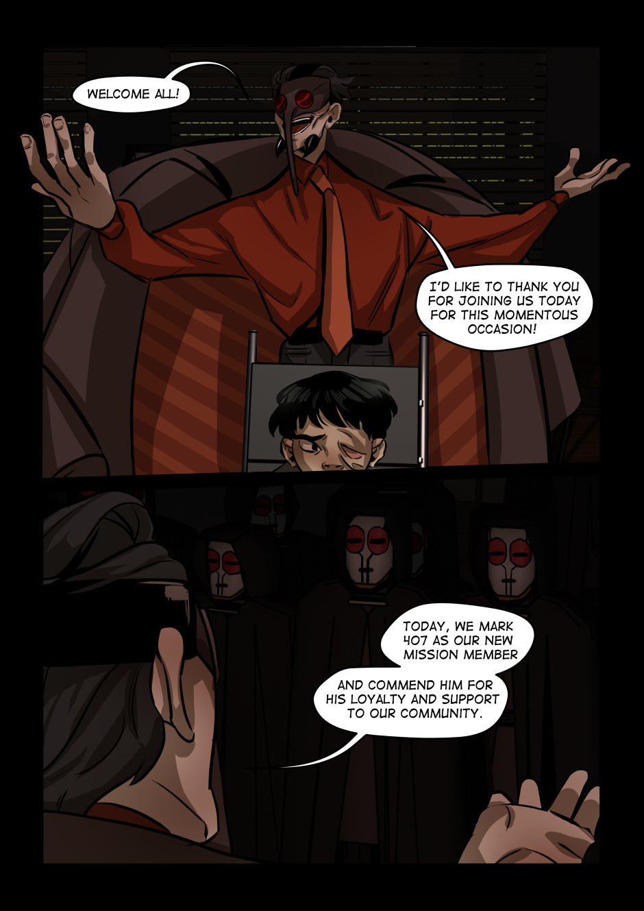 The cult leader welcomes everyone to the ceremony.