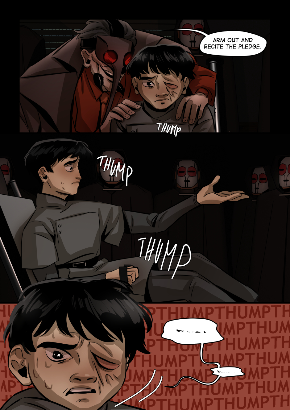 The boy is asked to recite a pledge.
