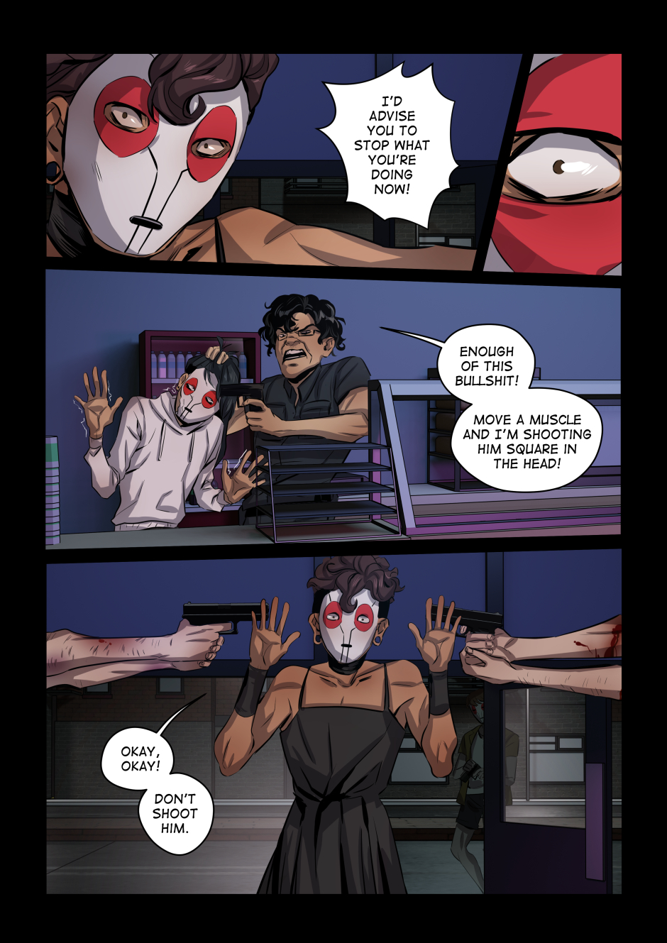 01 puts their hands up in surrender.