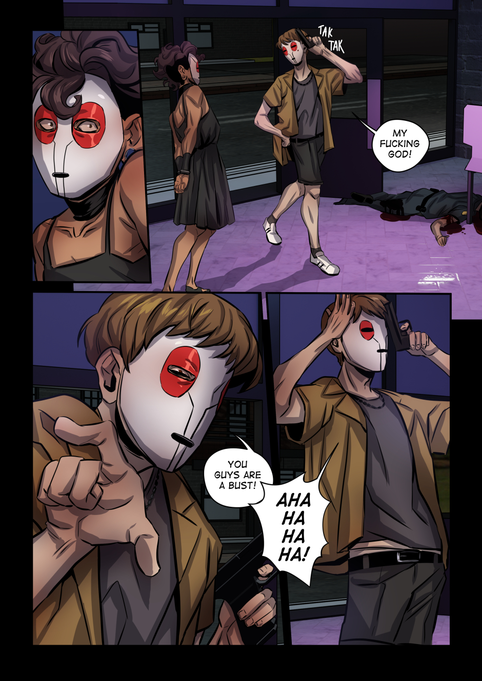 A brunette cultist walks in and brags about taking out the officers.