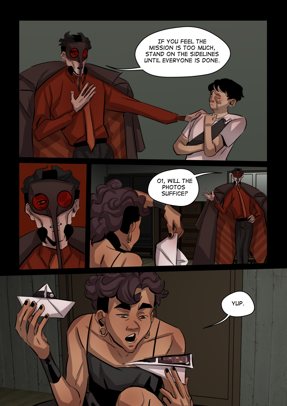 Anopheles turns to Sasha, who is folding paper aeroplanes.