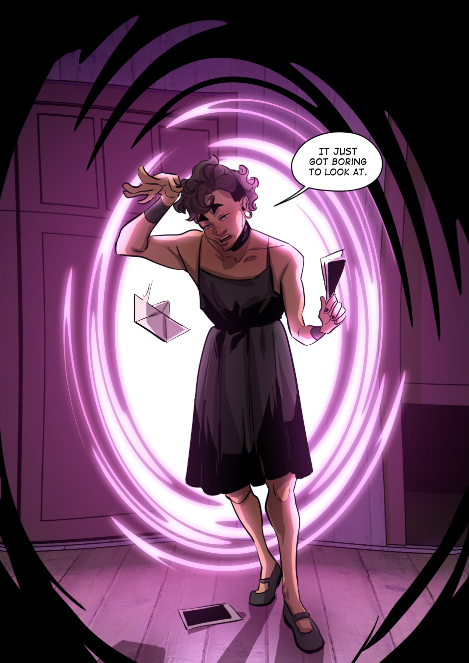 Sasha stands in front of a portal.