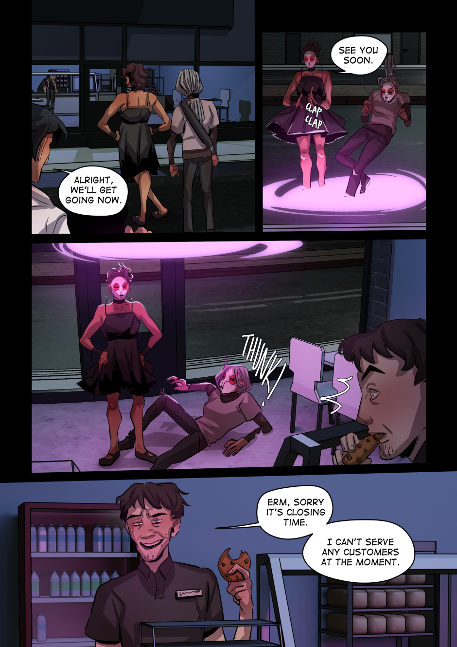 Sasha teleports everyone to a sandwich shop.