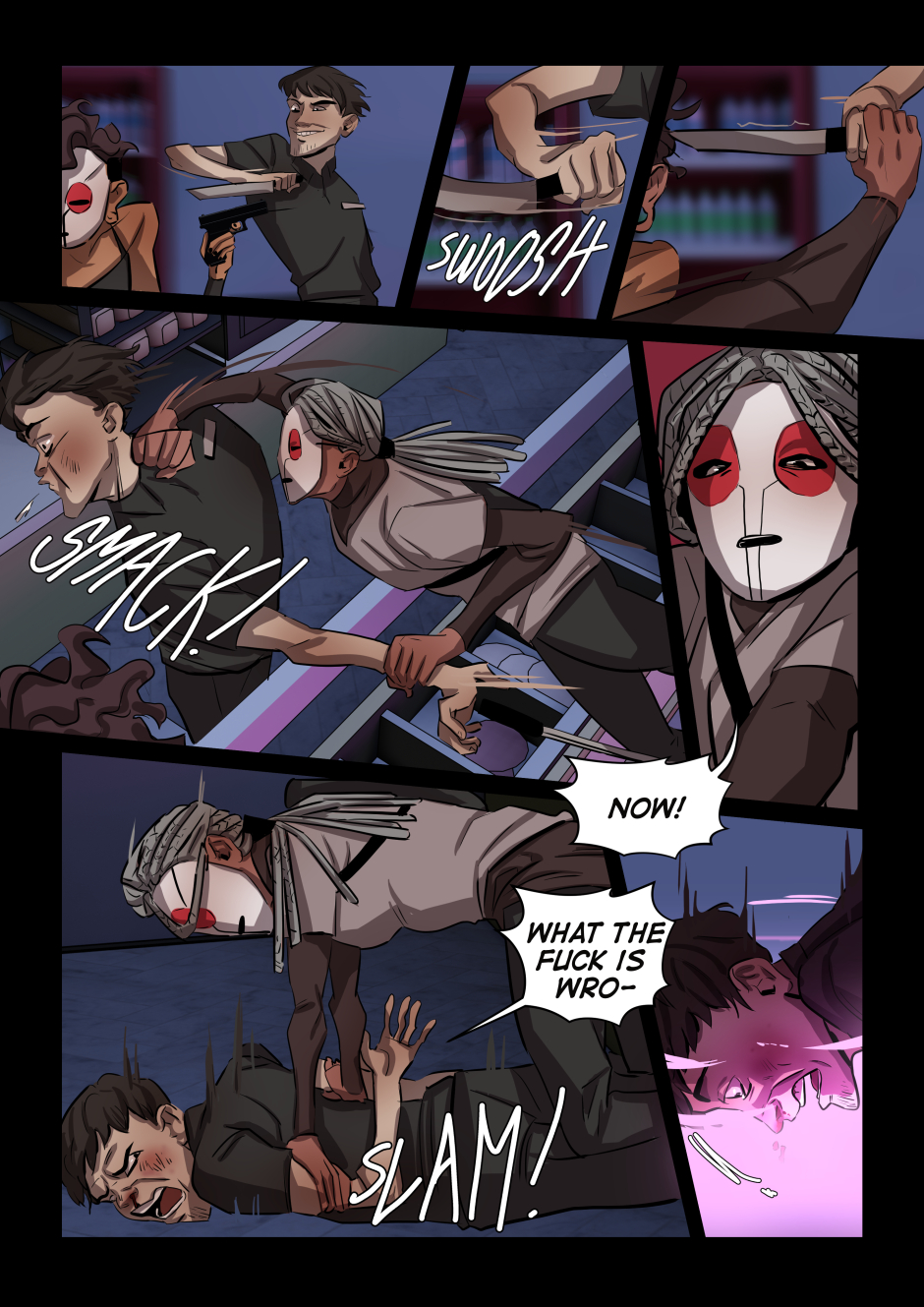 One of the cultists punches the employee trying to stab Sasha.