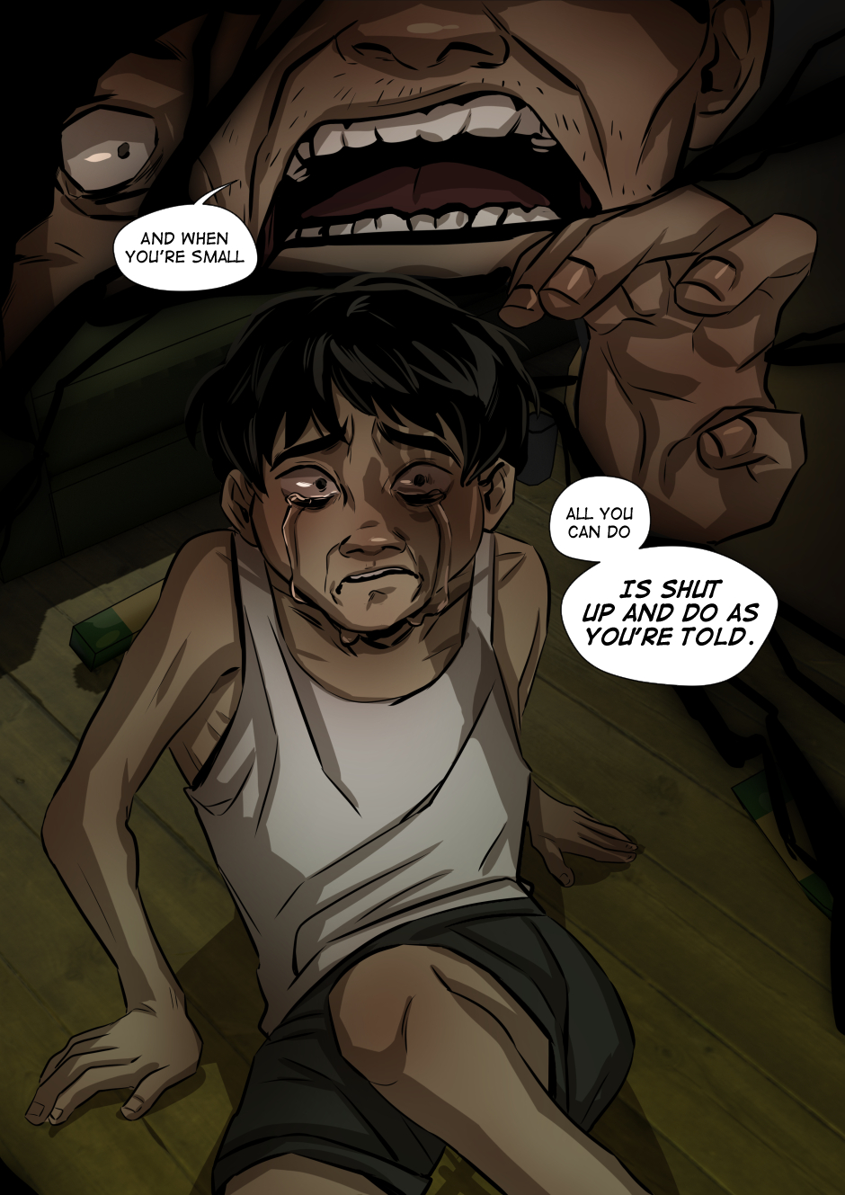 There's a shadow over 407's eye as his father towers over him.