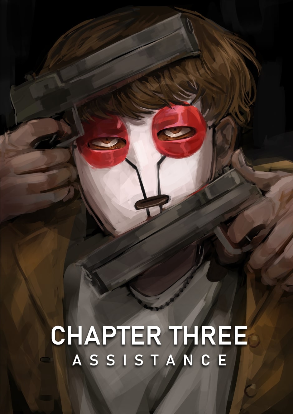 A masked figure holds two guns.