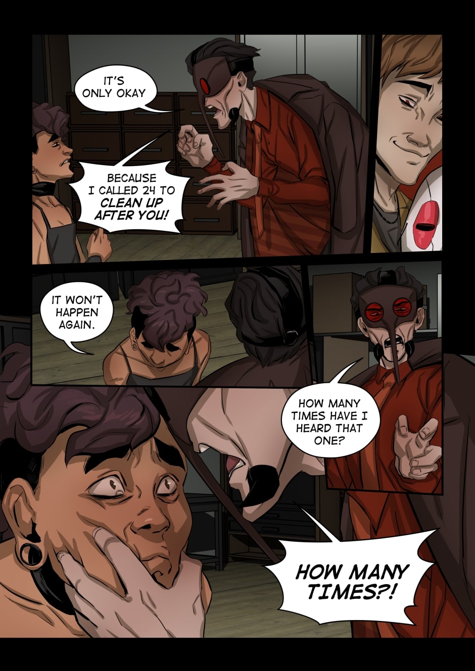 Anopheles grabs 01's face and yells at them.