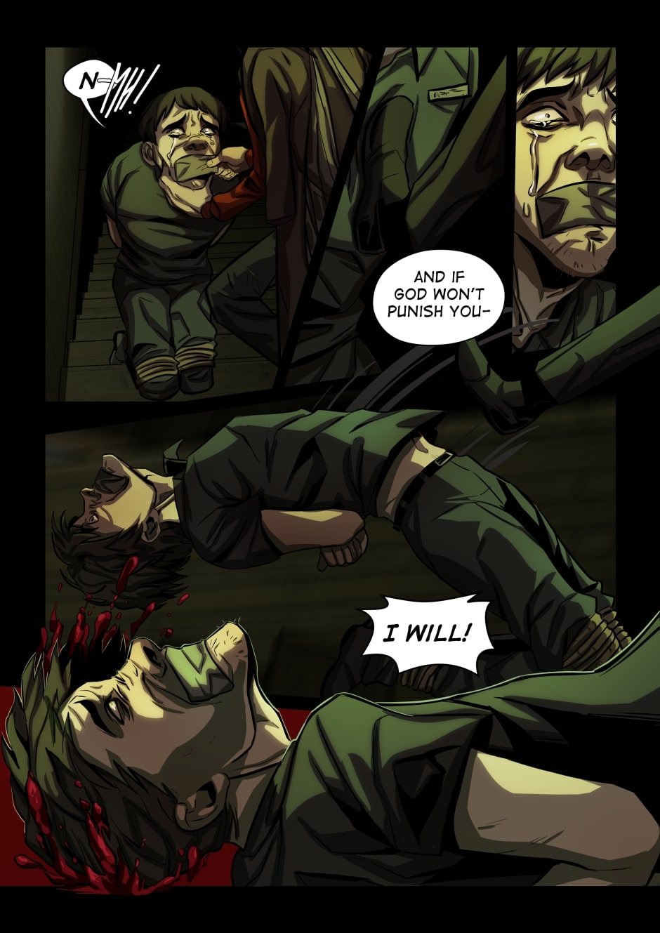 The guy hits his head falling down the stairs.
