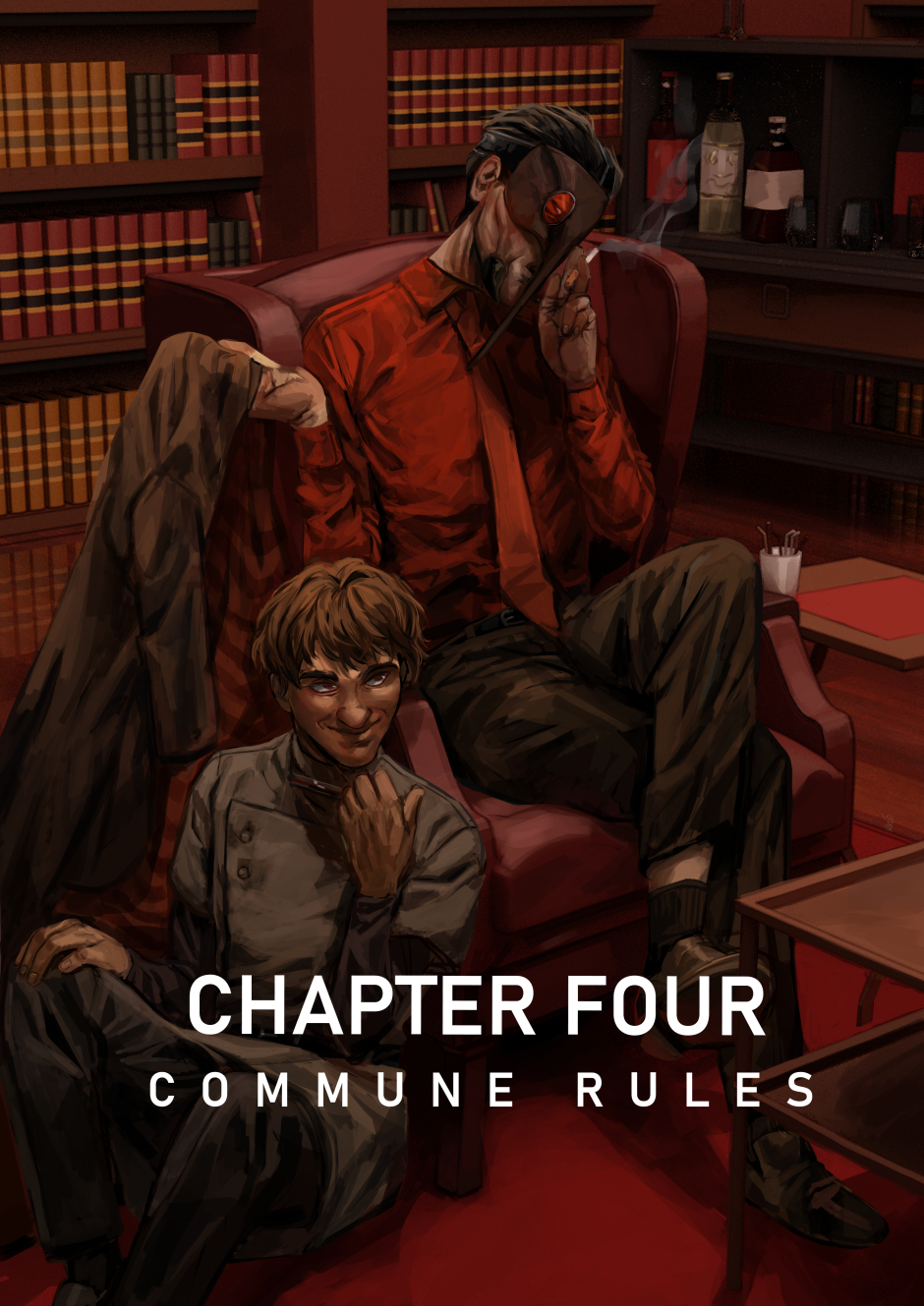 Anopheles sits on his office chair with cult member 24 sitting on the floor beside him.