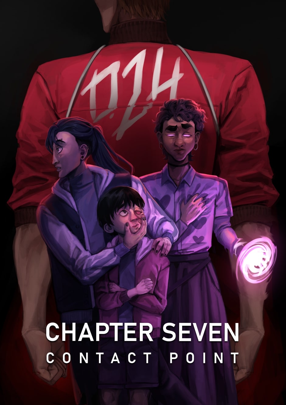 The cult members nervously stand while cultist 24 stands with his back turned and fists at his side.