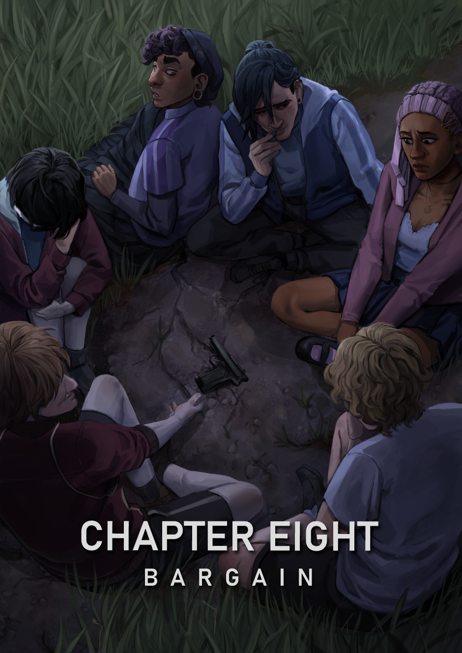 The cult members sit in a circle watching as a gun spins to point at Sasha. Jeong looks nervous and or guilty.